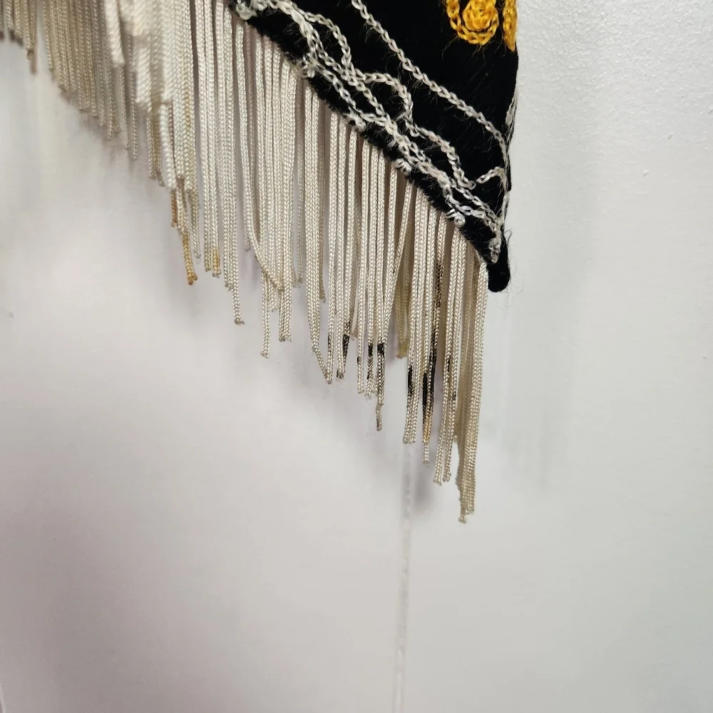 Vintage Black Velvet Fringe Poncho Scarf Embroidered Boho Western Womens 70s 90s - Picture 9 of 12